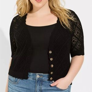 Torrid Women 2X Black V-Neck Pointelle Cardigan Button Front Cropped Sweater